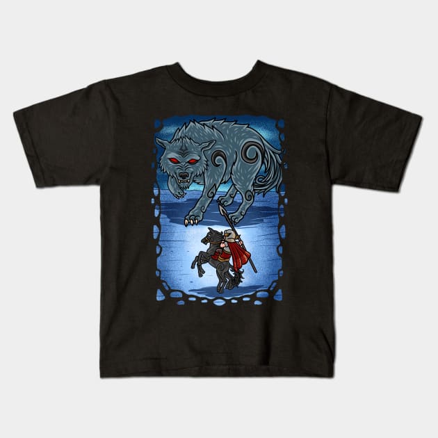 Divine Confrontation: Odin vs. Fenrir - Clash of the Norse Titans Kids T-Shirt by Holymayo Tee